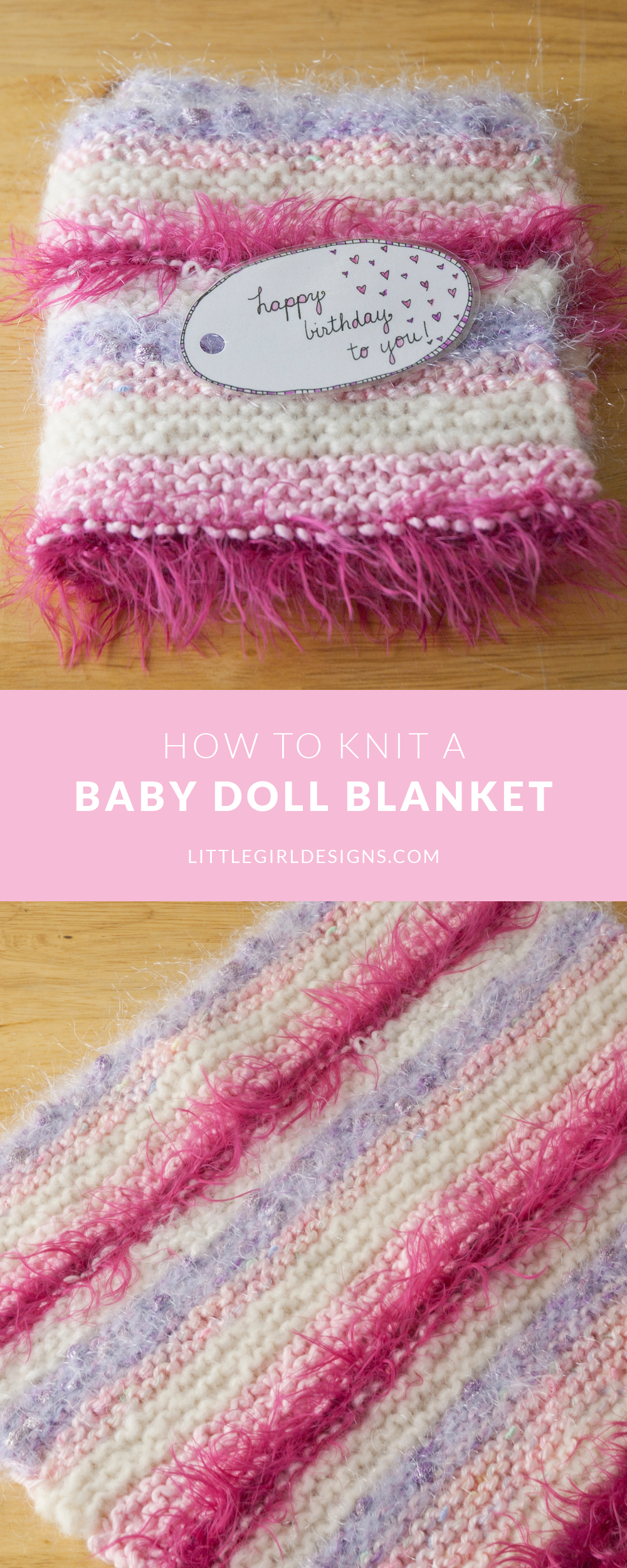 What a great idea! Here's an easy tutorial on how to knit a baby doll blanket using leftover yarn scraps.