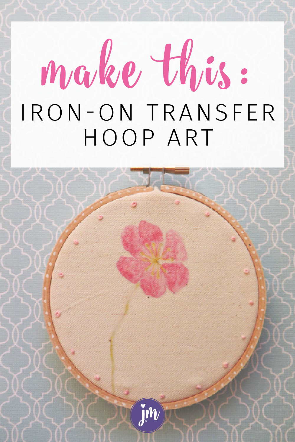 What a great idea! I never thought to use iron-on transfers to make pretty hoop art. All I have to do is print the image I want, iron it on the fabric and then add some quick embroidered details if I want. Sooooo easy! I love simple craft projects and think I'll make some of these for gifts this year.