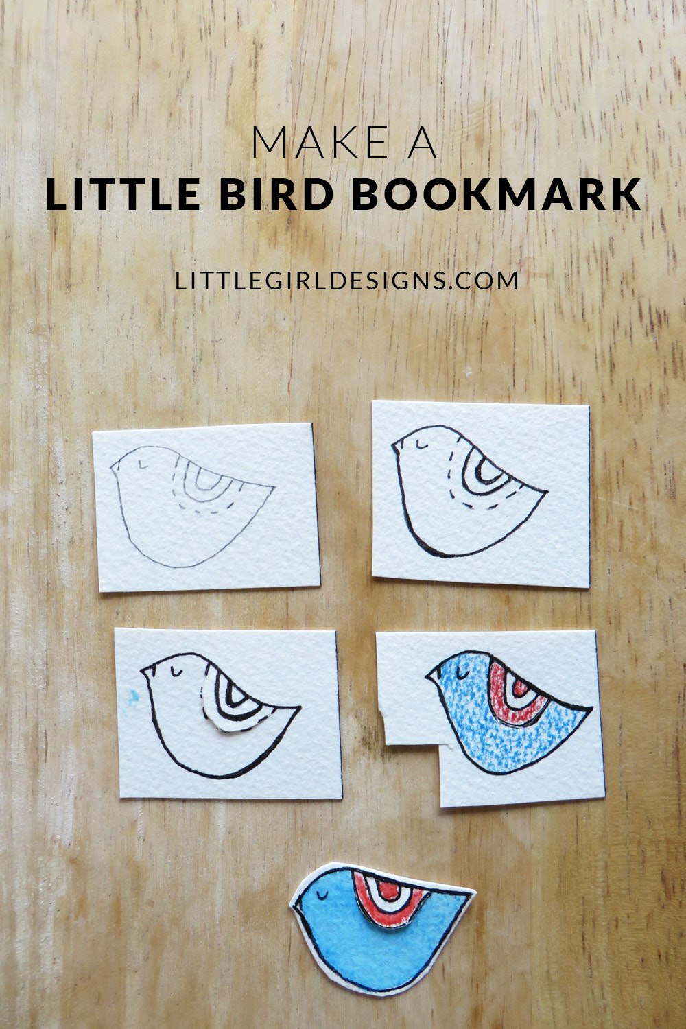 How to Make a Little Bird Bookmark - Have a scrap of watercolor paper? You can whip up several of these sweet bookmarks in no time at all. Makes a great gift for a book lover! via littlegirldesigns.com