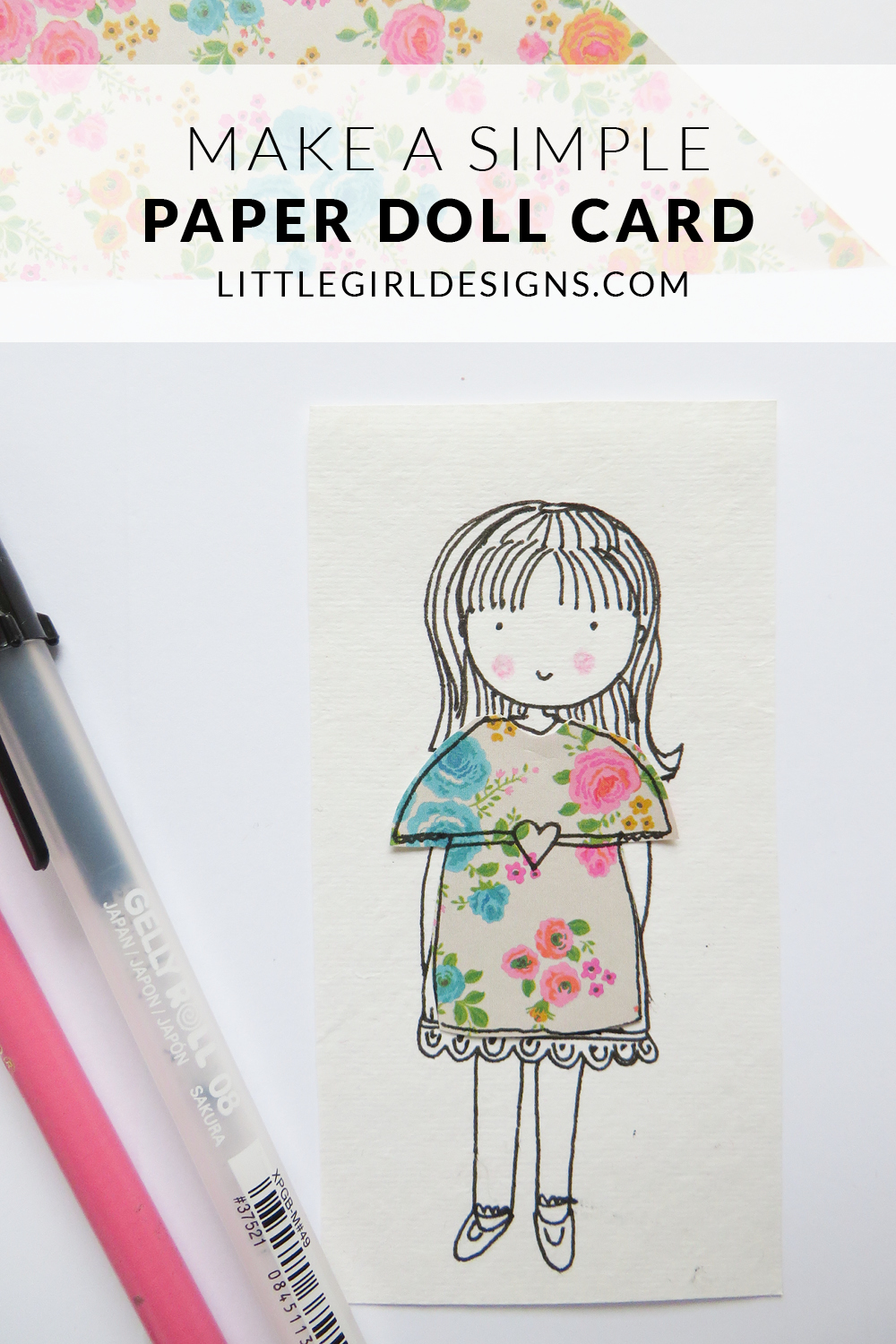 How to Make a Paper Doll card - Use up paper and fabric scraps to make your own paper doll card. Such a sweet idea! via littlegirldesigns.com