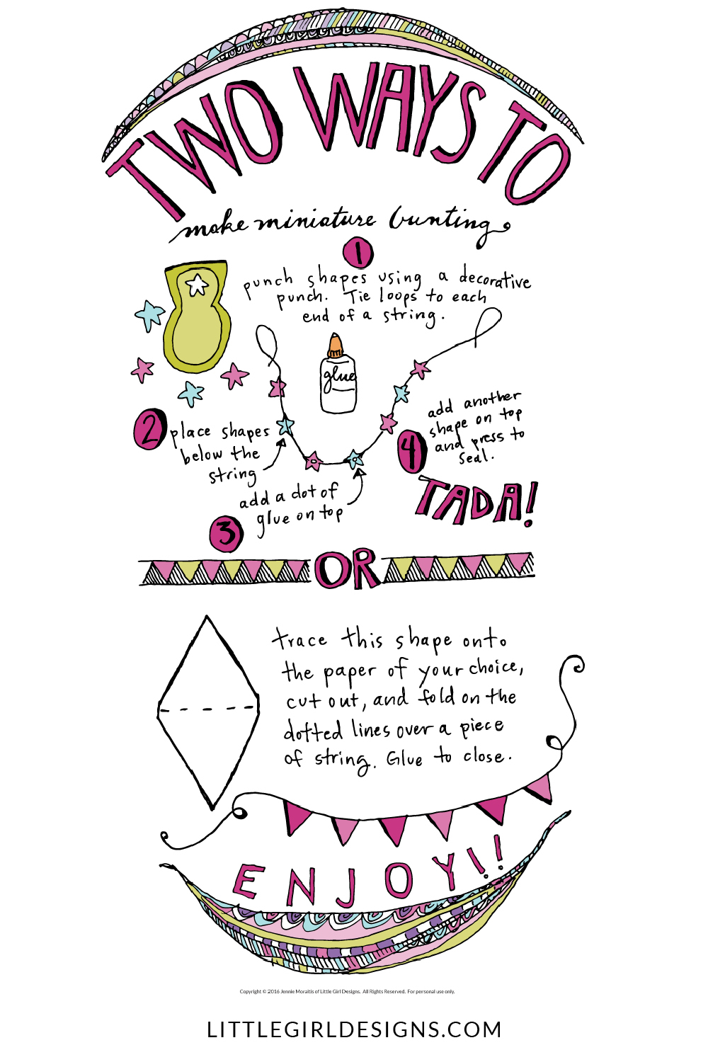 Two Different Ways to Make Miniature Bunting - illustration by Jennie Moratis of littlegirldesigns.com