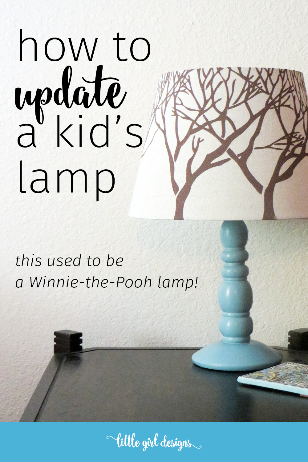 My daughter's Winnie-the-Pooh lamp is so cute but yeah, I don't really want it on my night stand. So I updated it one afternoon. If I had known it was this easy, I would have done this a long time ago!